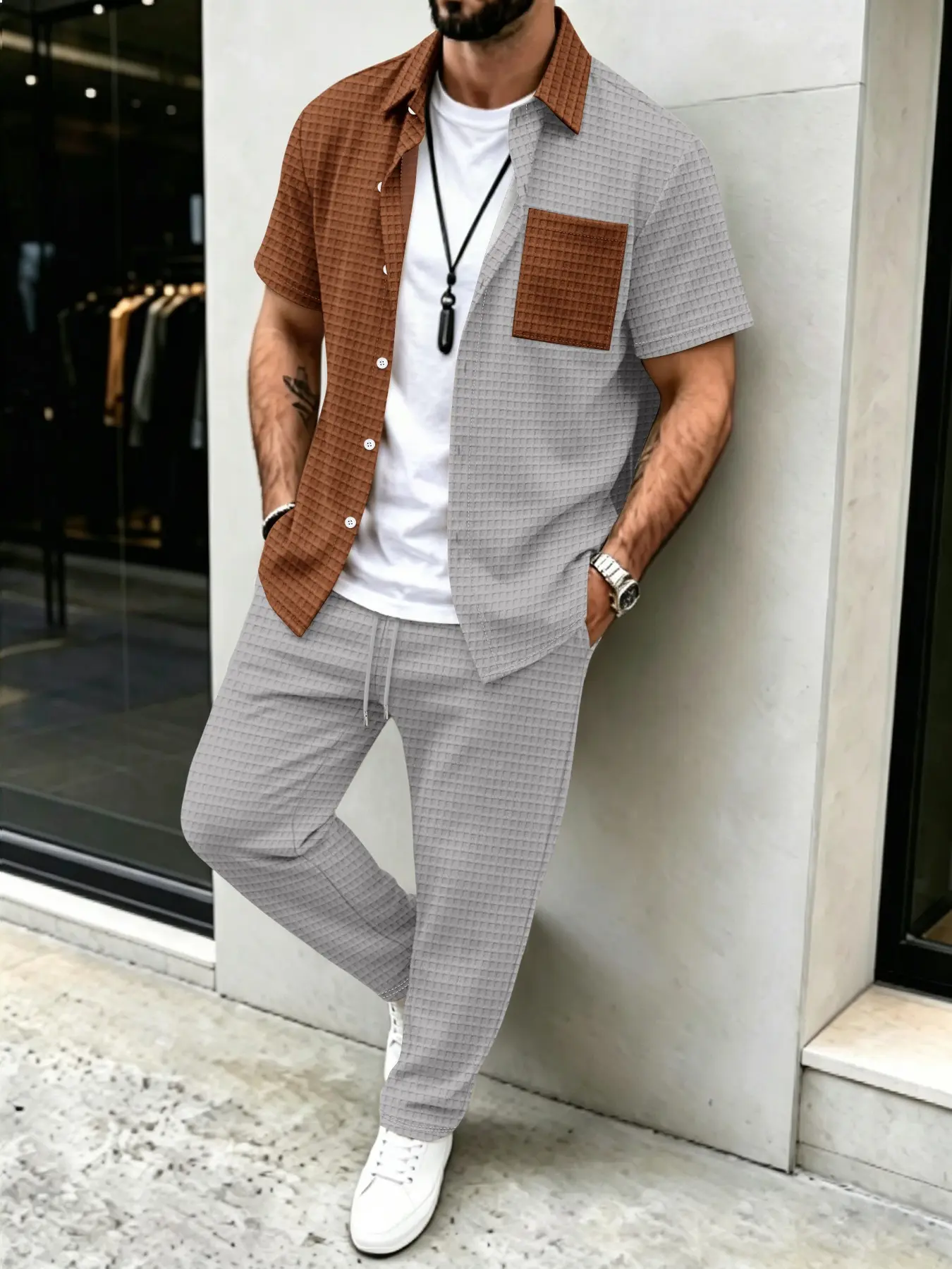 Men's Solid Waffle Pattern Cas - Mens Fashion Clothes recension och pris