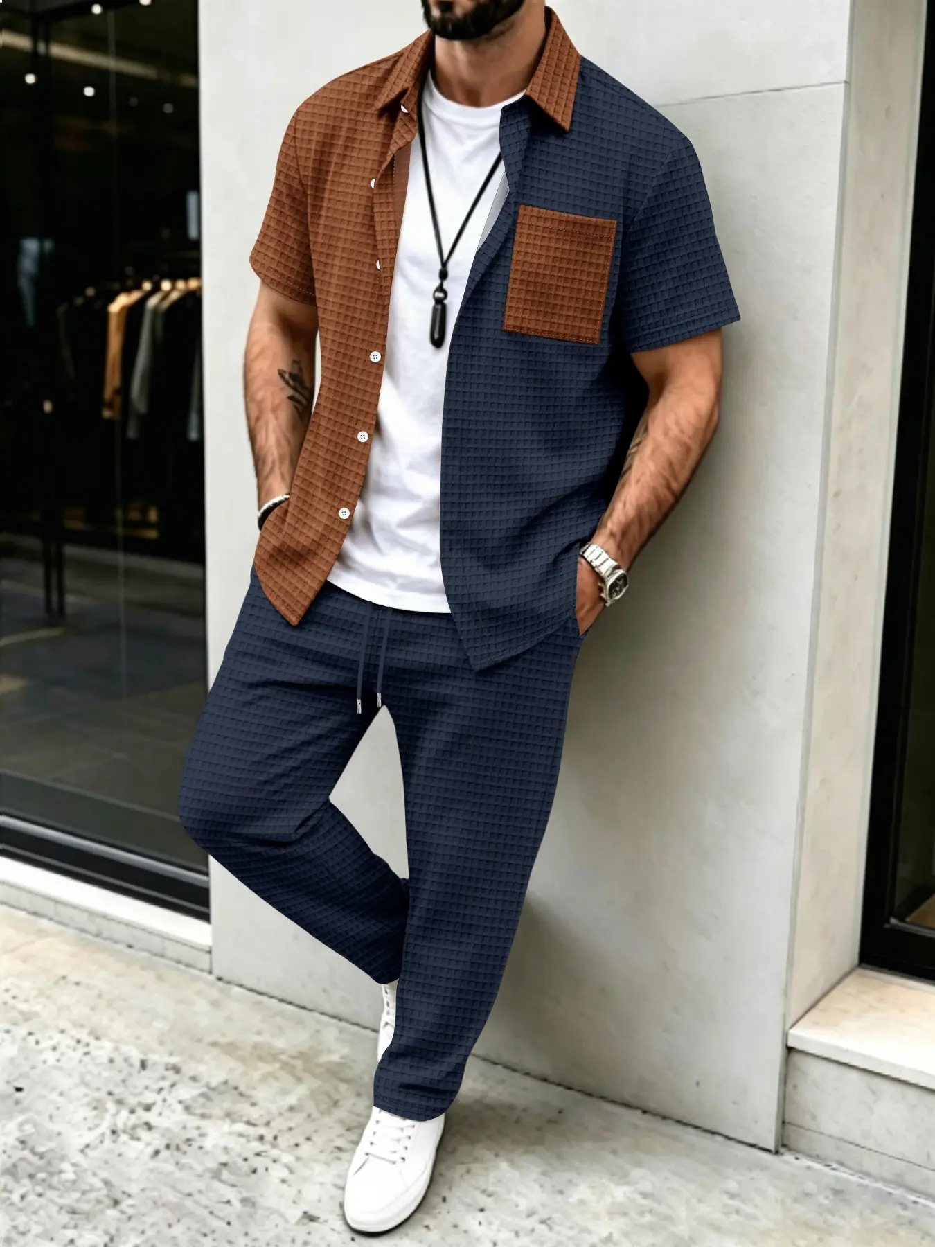 Men's Solid Waffle Pattern Cas - Mens Fashion Clothes recension och pris