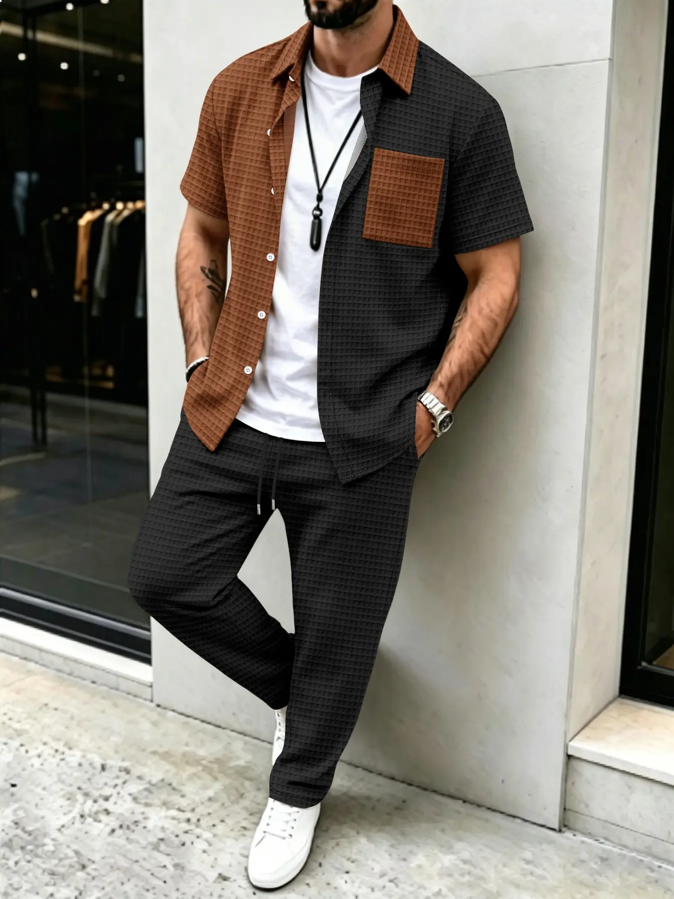 Men's Solid Waffle Pattern Cas - Mens Fashion Clothes recension och pris