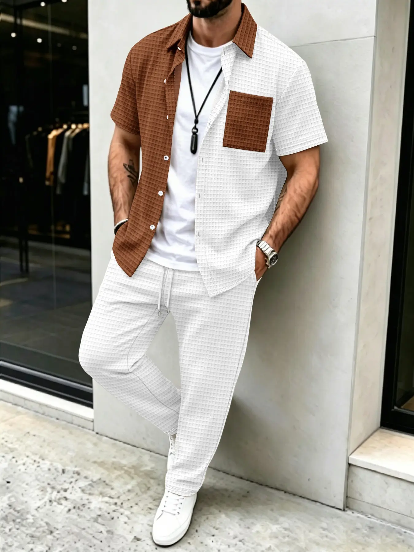 Men's Solid Waffle Pattern Cas - Mens Fashion Clothes recension och pris
