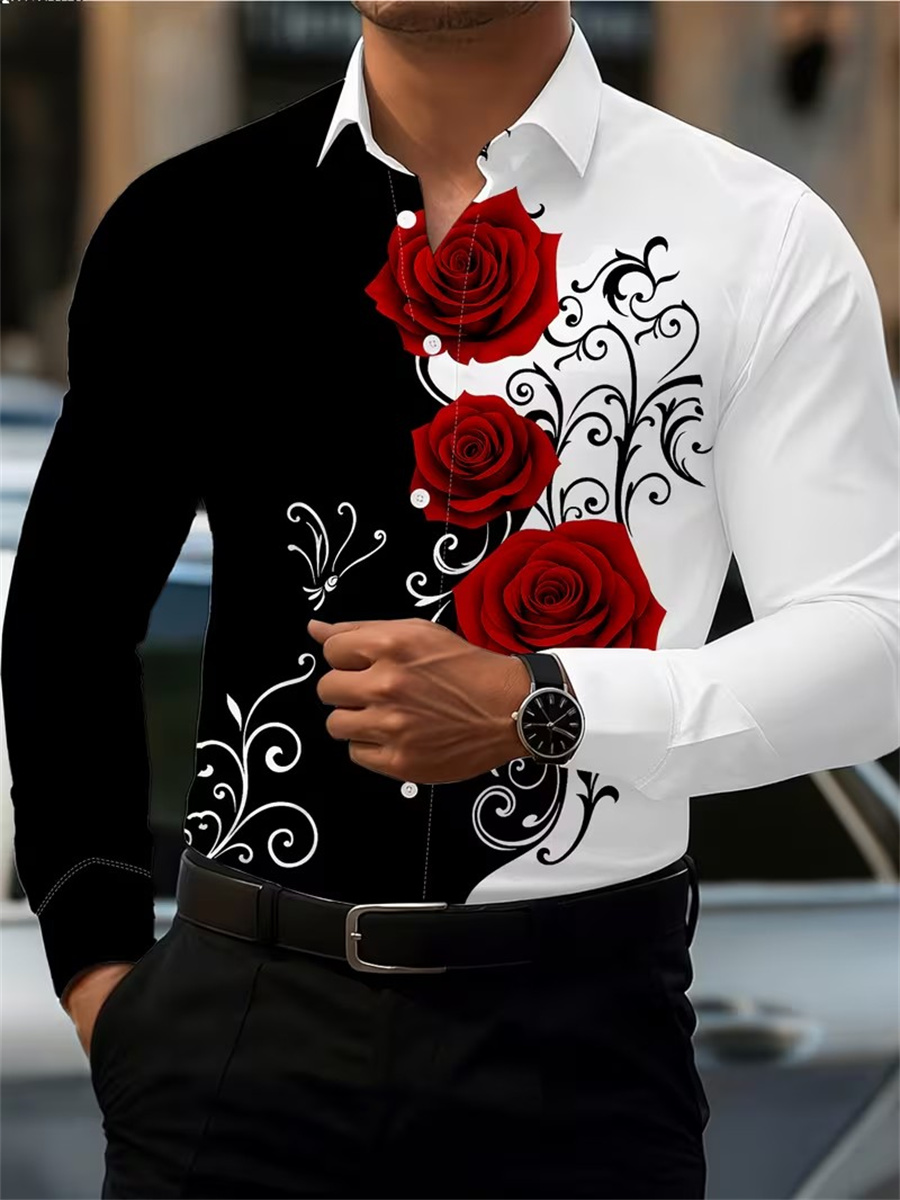 Men's Red Rose Print Long-Slee - Mens Fashion Clothes recension och pris