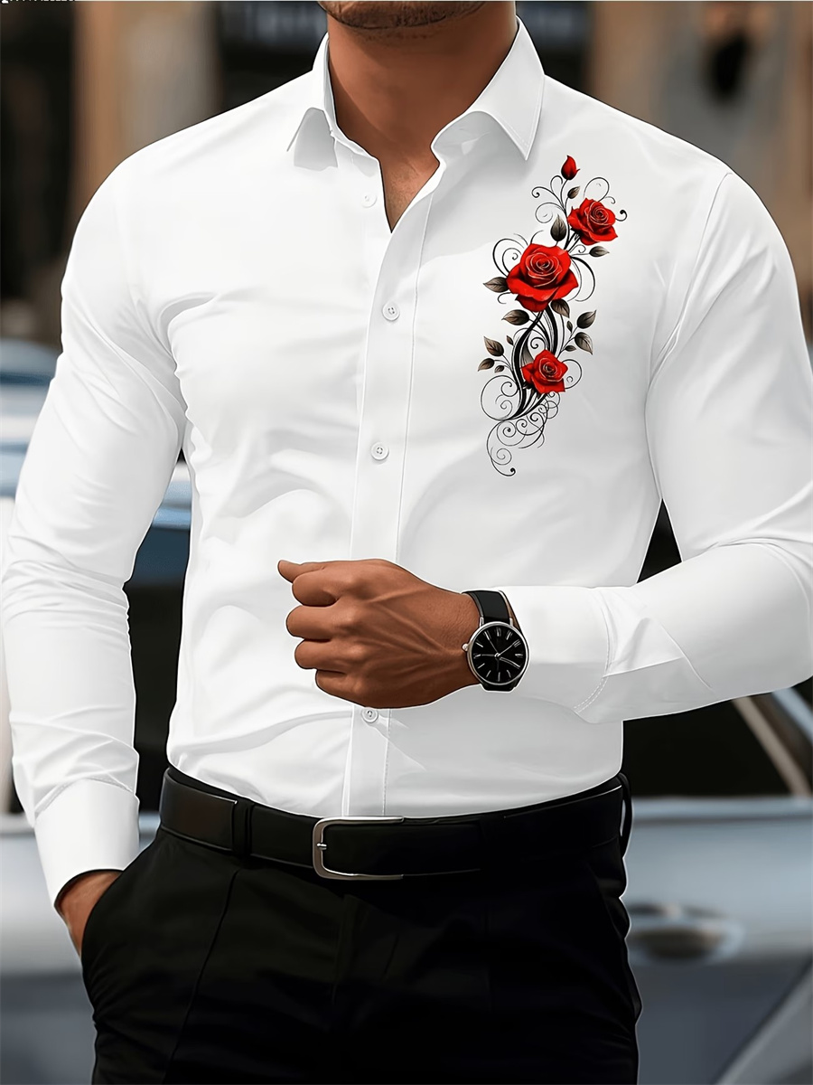 Men's Red Rose Print Long-Slee - Mens Fashion Clothes recension och pris
