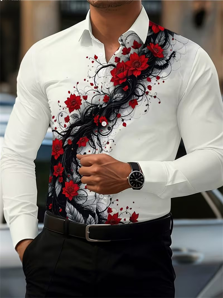 Men's Red Rose Print Long-Slee - Mens Fashion Clothes recension och pris